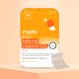 The Melts® into Natural Vitamin D3 front packaging highlighting Vitamin D3 and Vitamin K2, along with the benefit of sunshine vitamins. It further notes attributes like Plant Based, Precise Dose and Sugar Free. The flavor mentioned is Wild Raspberry